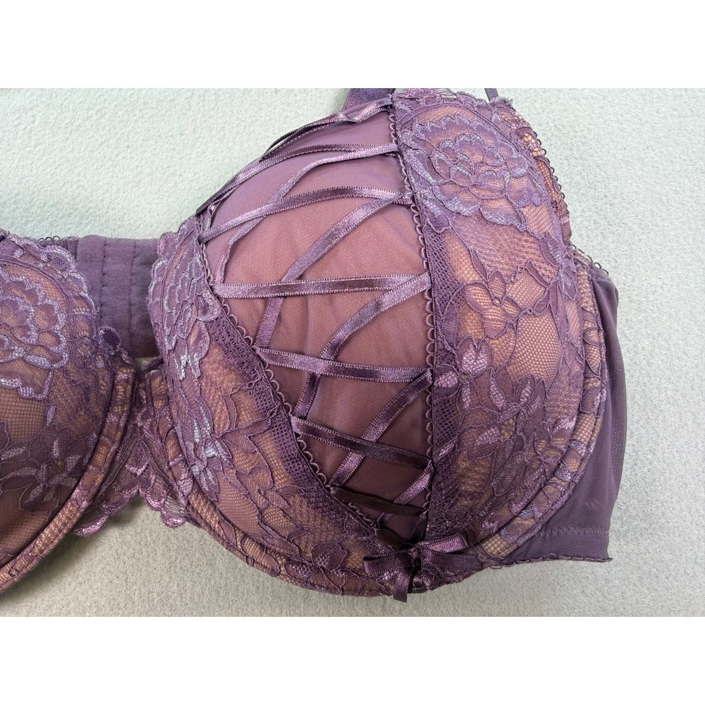 Adore Me Purple Lace Corset Detail Underwire Bra 44DDD Floral Satin Bows - Picture 4 of 7